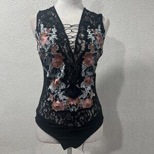 Guess Lace Up Corset Lace Bodysuit in Black Pink Y2K Floral LACE Coquette